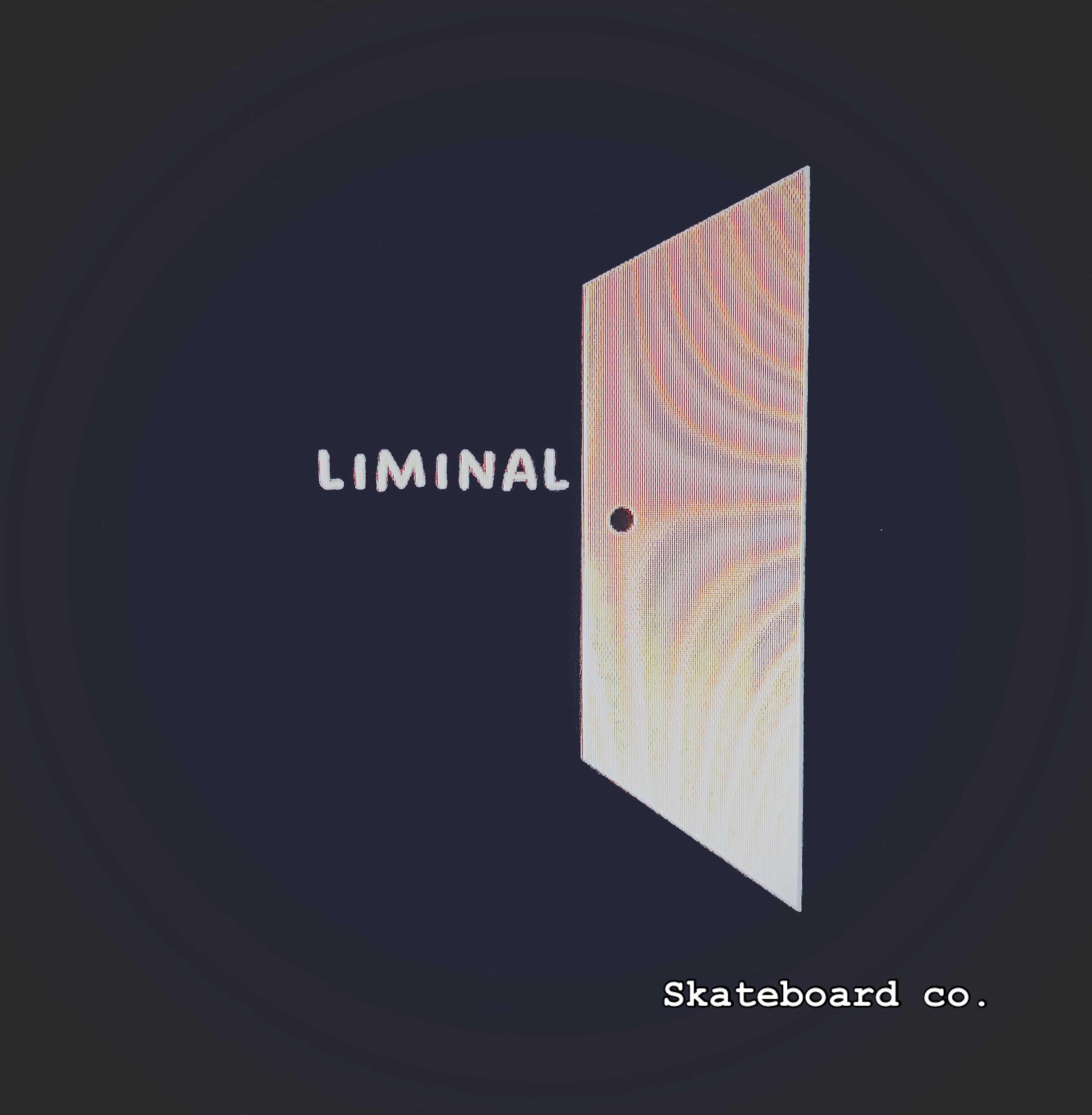 A stylized illustration of an open wooden door with the word LIMINAL to the left and Skateboard co. in small text at the bottom right, all set against a dark background.